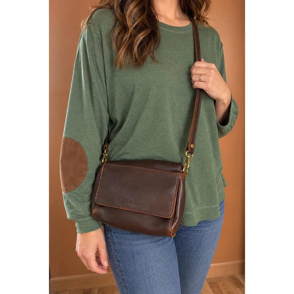 Portland Leather Goods Crossbody Flap Bag & Matching Wallet Set Brown Leather